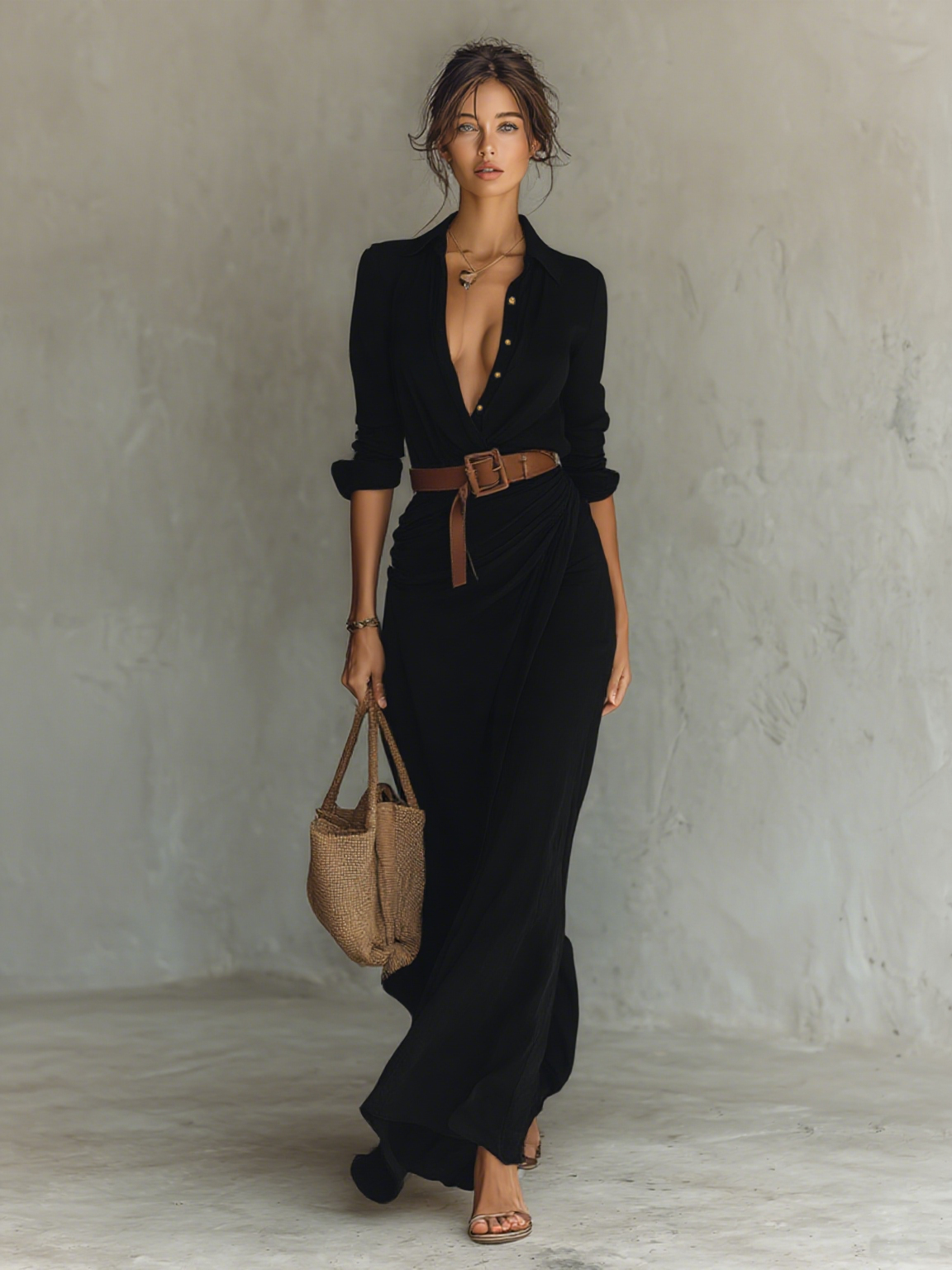 Rochie Maxi Lungă cu Guler Reversibil